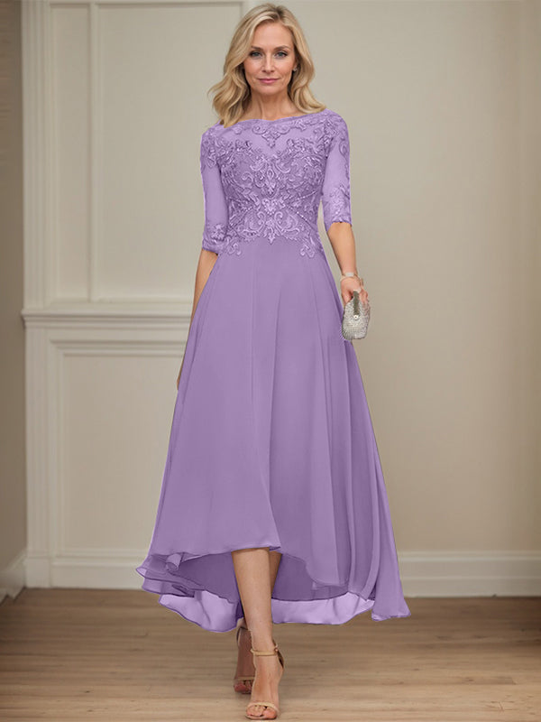 A-Linien Bootsausschnitt Illusionskleid mit asymmetrischem Chiffon-Spitzenstoff, Mutter-der-Braut-Kleid mit Paillettenperlen