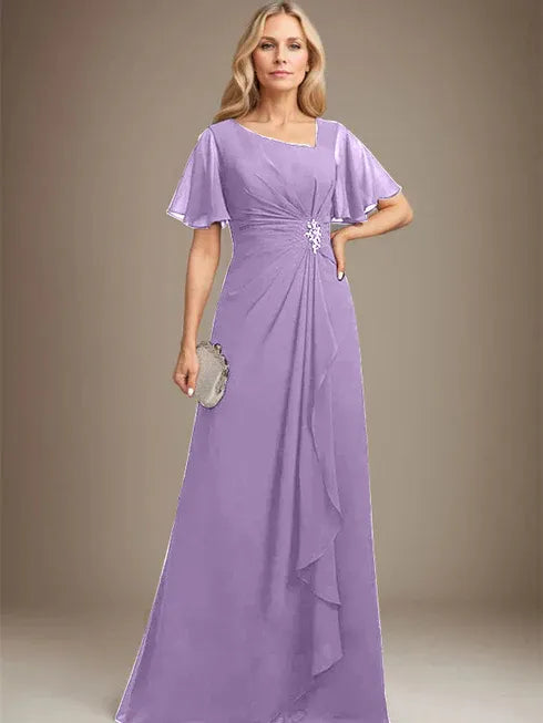 A-Linien asymmetrisches bodenlanges Chiffon Mutter-der-Braut-Kleid mit plissierten Perlen und Pailletten