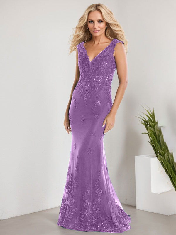 A-Linien V-Ausschnitt bodenlanges Spitzen-Chiffon Kleid für die Brautmutter mit Applikationen und Pailletten Meerjungfrauenkleid