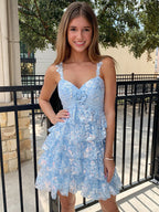 Liight Blue Rosette Sequin Baby Doll Short Homecoming Party Dress