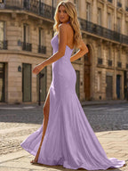 Yellow Beaded Halter Corset Prom Dress with High Slit
