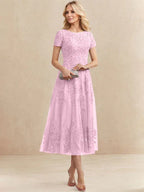 Robe de mère de la mariée A-line en tulle et dentelle, col arrondi, longueur thé