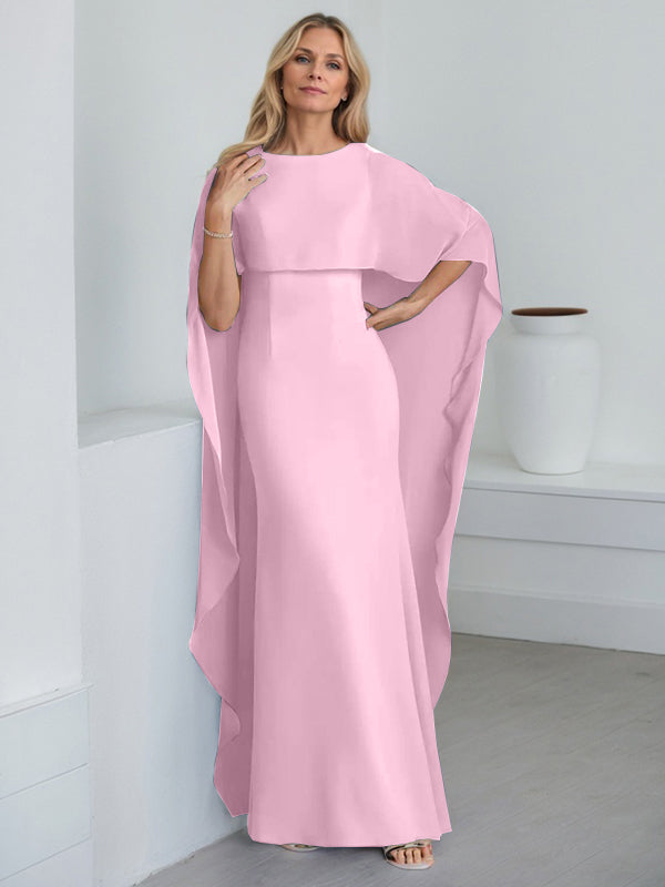 Etui-Kleid mit Rundhalsausschnitt, bodenlang, Chiffon, Mutter-der-Braut-Kleid mit kaskadierenden Rüschen