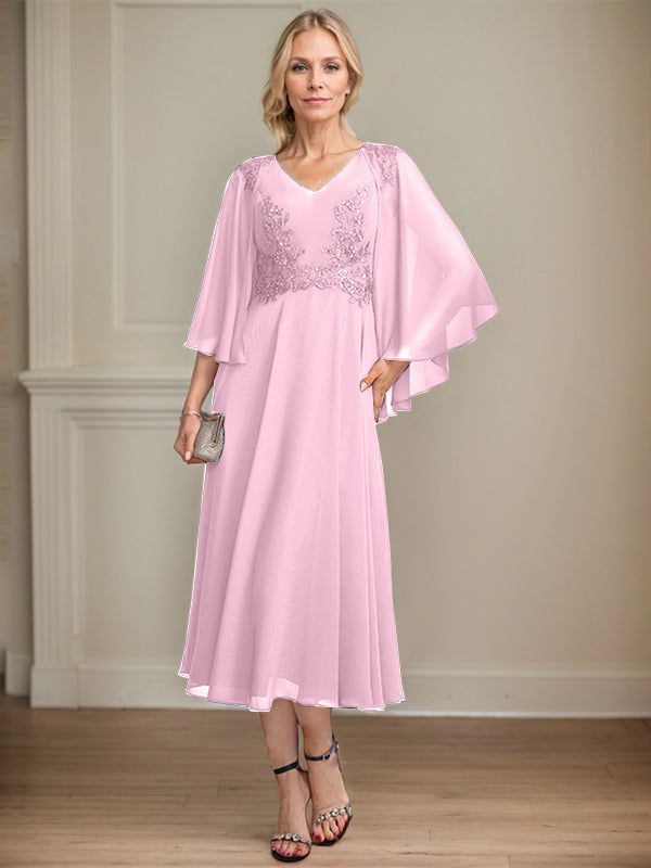 A-Linien-Brautmutterkleid aus Chiffon, V-Ausschnitt, tea-length mit Spitze, Pailletten und Perlen