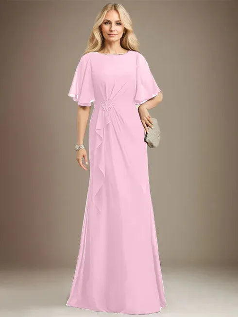 A-Linien Rundhals bodenlanges Chiffon Mutter der Braut Kleid mit kaskadierenden Rüschen Perlen Pailletten