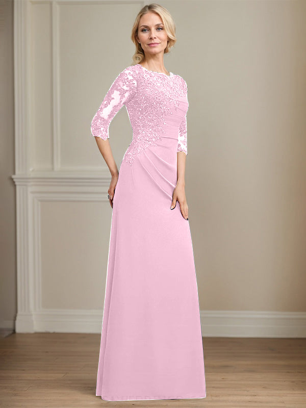 A-Linie Rundhals bodenlanges Chiffon Spitzen Brautmutterkleid mit Perlen Falten Pailletten