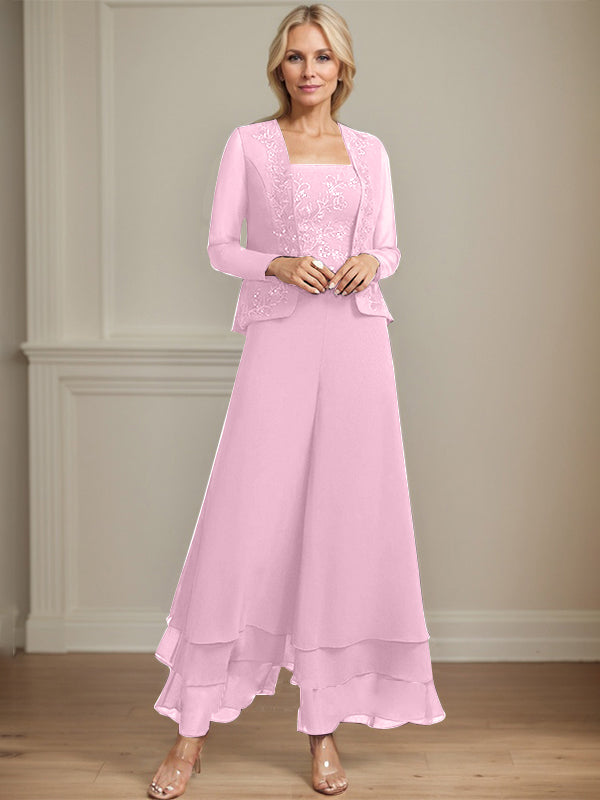 Zweiteiler Jumpsuit/Hosenanzug quadratisch knöchellang Spitze Chiffon Brautmutterkleid mit Pailletten