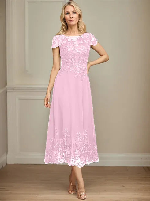 A-Linien Illusions Rundhals tea-langes Spitzenchiffon Mutter der Braut Kleid mit Pailletten