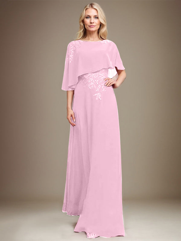A-Linie Rundhals Bodenlanges Chiffon-Spitzenkleid für die Brautmutter mit Pailletten und Perlen