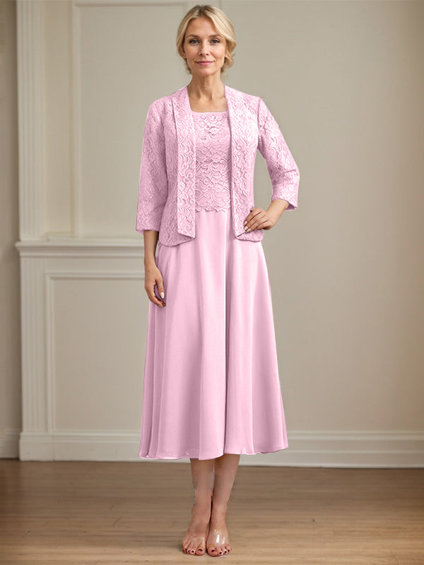 A-Linien Kleid mit Rundhalsausschnitt, tea-länge, Spitze und Chiffon, Mutter der Braut Kleid