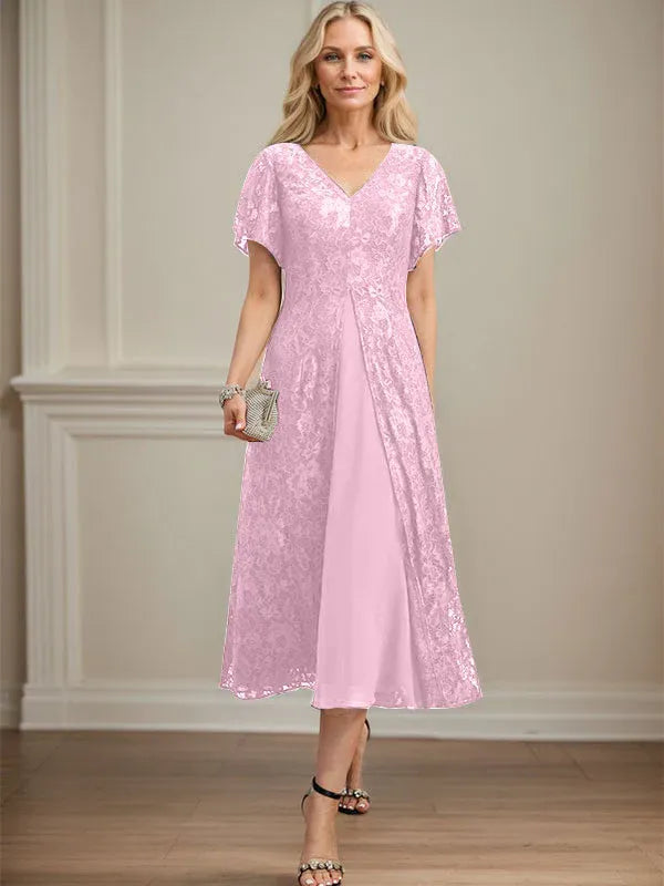 Robe mère de la mariée ligne A en dentelle et mousseline à col en V longueur thé