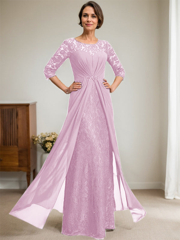 A-Linien Rundhalsausschnitt Illusions-Bodenlanges Spitzen-Chiffonkleid für die Brautmutter mit Perlen und Volants