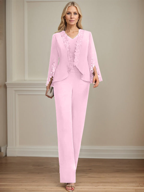 Zweiteiler Jumpsuit/Hosenanzug V-Ausschnitt bodenlanges Chiffon Mutter der Braut Kleid