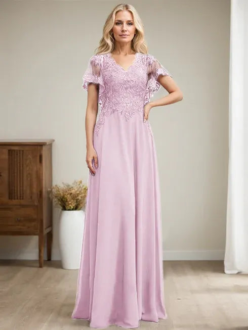 Robe mère de la mariée ligne A col en V longue en dentelle et chiffon avec sequins