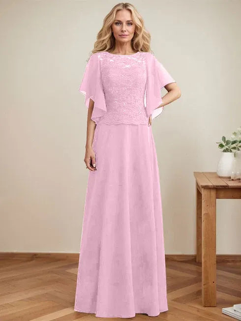 A-Linien Rundhals Illusions-Bodenlanges Spitzen-Chiffon Mutter-der-Braut-Kleid mit Pailletten