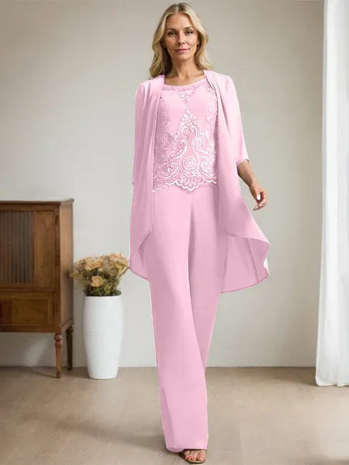 Zweiteiler Jumpsuit/Hosenanzug mit Rundhalsausschnitt, bodenlanges Chiffon-Spitzenkleid für die Mutter der Braut mit Perlen und Pailletten