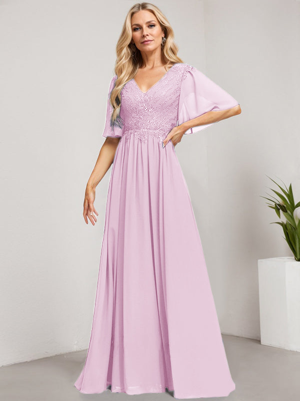 Robe mère de la mariée ligne A col en V longue en dentelle et chiffon avec sequins