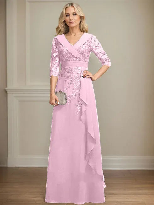 A-Linien Kleid mit Kragen, V-Ausschnitt, bodenlang, aus Spitze und Chiffon, Mutter der Braut Kleid mit Pailletten und fallenden Rüschen