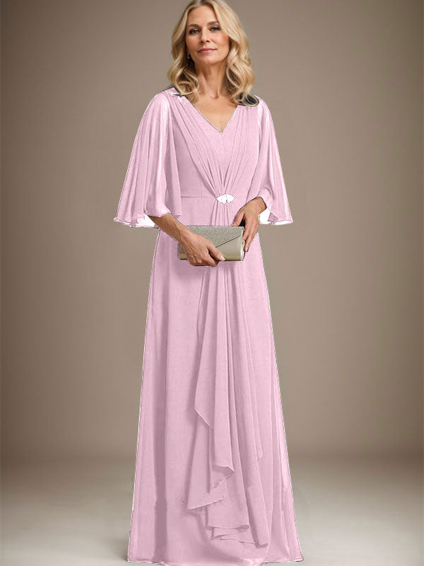 A-Linien V-Ausschnitt Bodenlanges Chiffon Kleid für die Brautmutter mit kaskadierenden Rüschen und Kristallbrosche