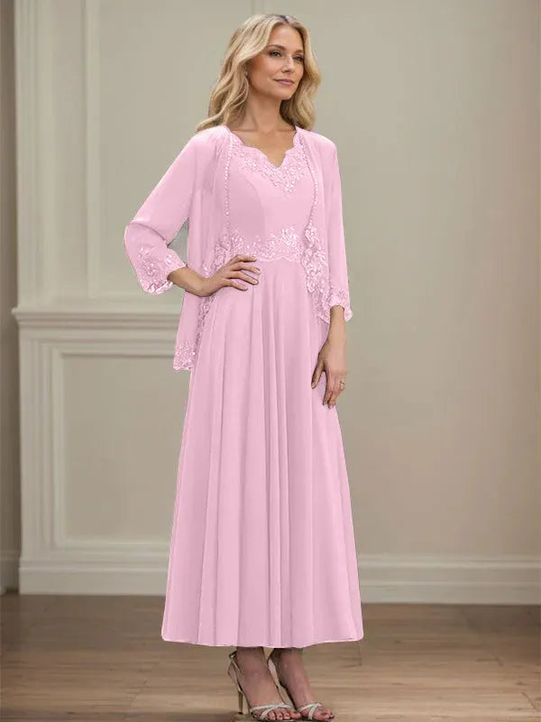 A-Linien Kleid mit V-Ausschnitt, knöchellang, aus Chiffon, Mutter der Braut Kleid mit Pailletten, Applikationen, Spitze und Perlenbesatz