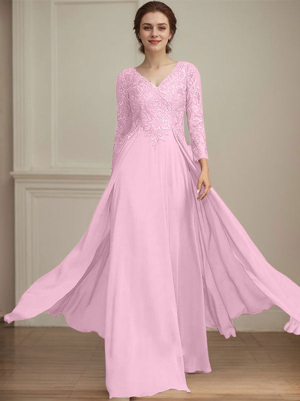 A-Linien V-Ausschnitt Bodenlanges Spitzen-Chiffon Kleid für die Brautmutter mit Pailletten