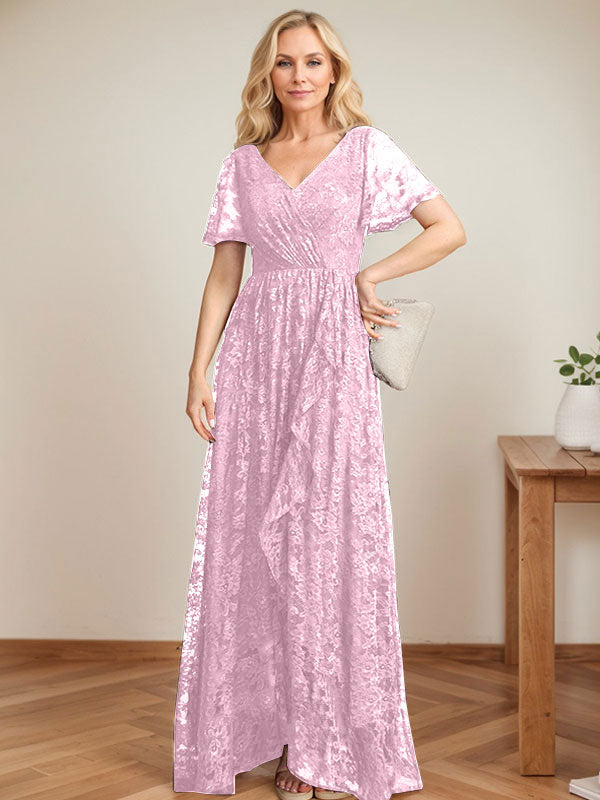 A-Linien Spitzen-Mutter-der-Braut-Kleid mit V-Ausschnitt, asymmetrisch und mit kaskadierenden Rüschen
