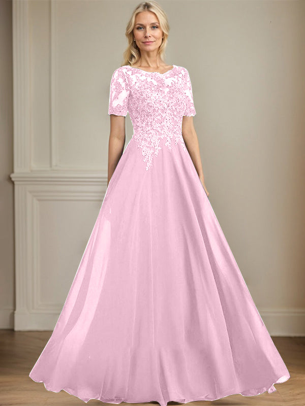 A-Linien Rundhals Illusions-Bodenlanges Chiffon-Spitzenkleid für die Mutter der Braut mit Pailletten und Perlen