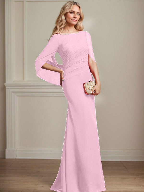 Trompeten-/Meerjungfrauen-Chiffonkleid mit Bootsausschnitt, bodenlang, plissiert, Brautmutterkleid