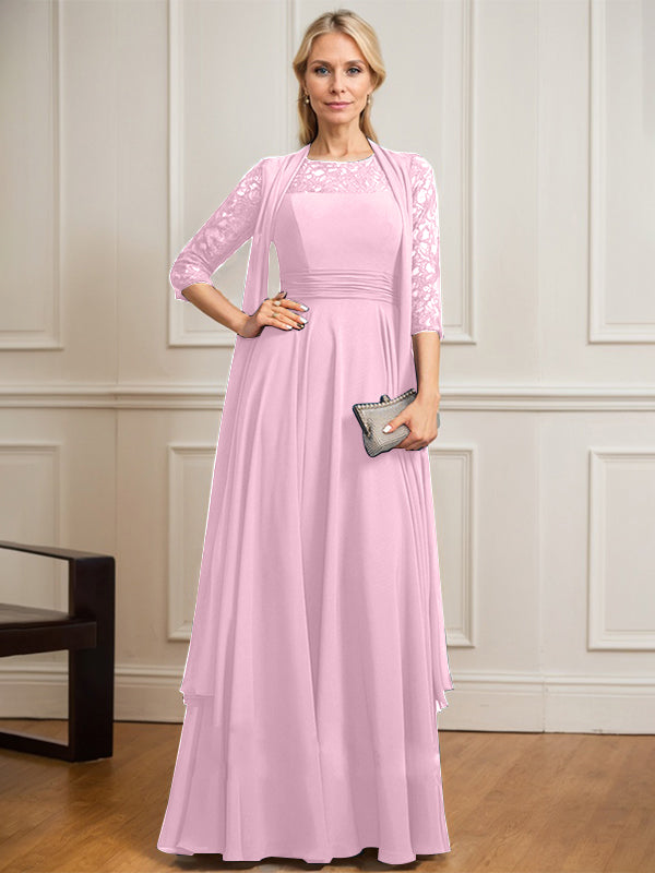 A-Linien Kleid mit Rundhalsausschnitt, Illusion, bodenlang aus Spitze und Chiffon, Mutter-der-Braut-Kleid mit Faltenwurf