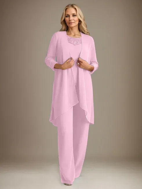 Chiffon Kleid mit Rundhalsausschnitt und langen Ärmeln, Mutter-der-Braut Hosenanzug mit Jacke