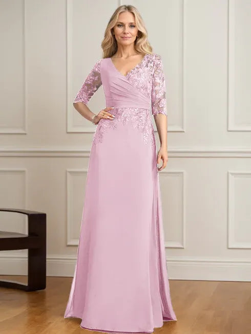 A-Linien V-Ausschnitt bodenlanges Spitzen-Chiffon Kleid der Brautmutter mit plissierten Pailletten