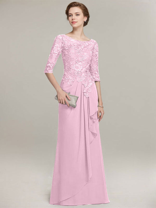 A-Linien Rundhalsausschnitt Illusions bodenlanges Spitzen-Chiffon Mutter der Braut Kleid mit kaskadierenden Rüschen