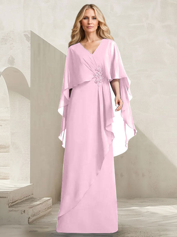 Robe mère de la mariée longue en chiffon coupe trapèze à col en V avec volants en cascade et perles