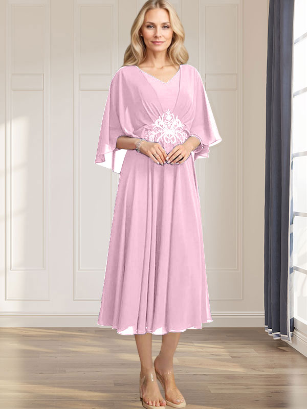 Robe de mère de la mariée en mousseline, longueur thé, col en V, en ligne A, avec appliques plissées, sequins, dentelle et perles