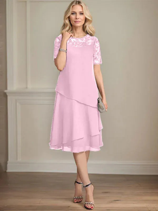 A-Linien Rundhals Illusions-Knie-Länge Spitzen-Chiffon Kleid für die Brautmutter mit Pailletten