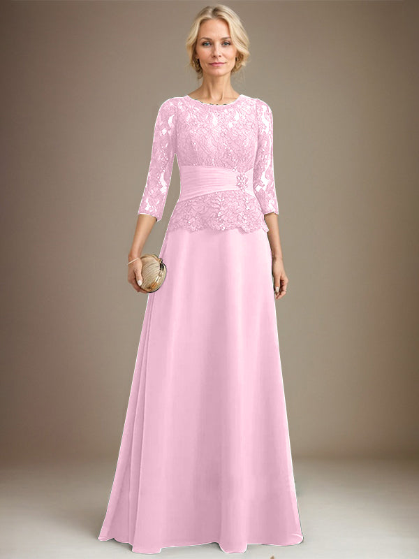 A-Linien Kleid mit Scoop-Ausschnitt, Illusion, bodenlangem Chiffon und Spitze, Mutter-der-Braut-Kleid mit plissierten Pailletten und Perlenbesatz