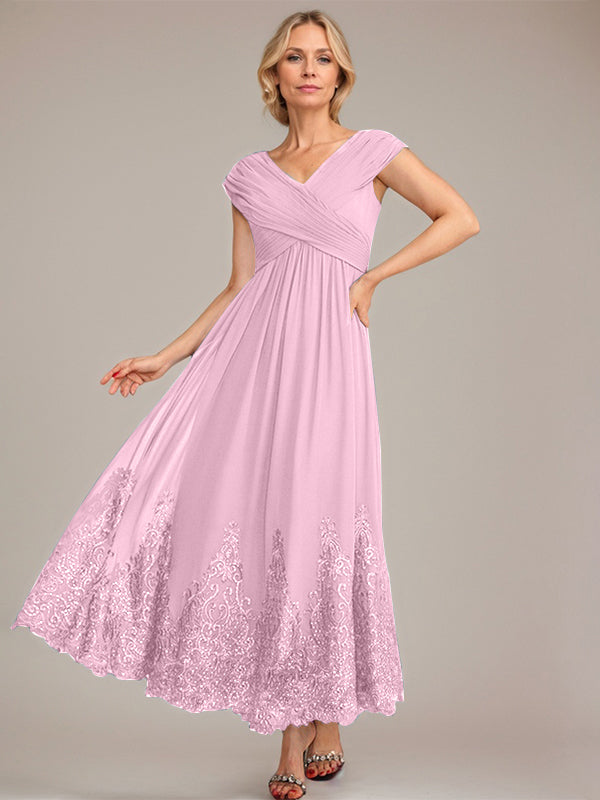 A-Linien V-Ausschnitt Knöchellanges Chiffon Kleid der Brautmutter mit Applikationen und Pailletten