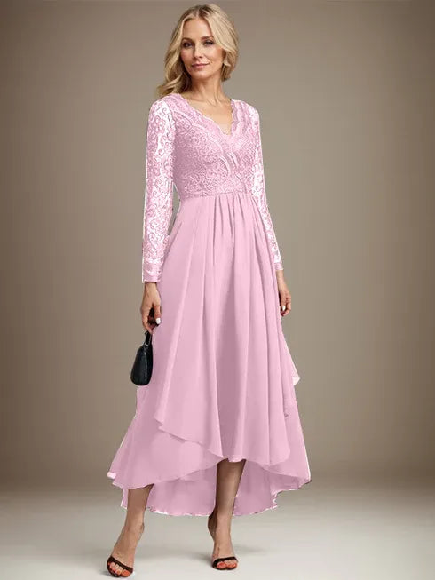 Vestido de madre de la novia en línea A con escote en V, encaje y gasa asimétrica
