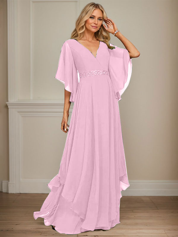 A-Linien V-Ausschnitt bodenlanges Chiffon-Mutter-der-Braut-Kleid mit Pailletten-Applikationen, Spitze und Perlen
