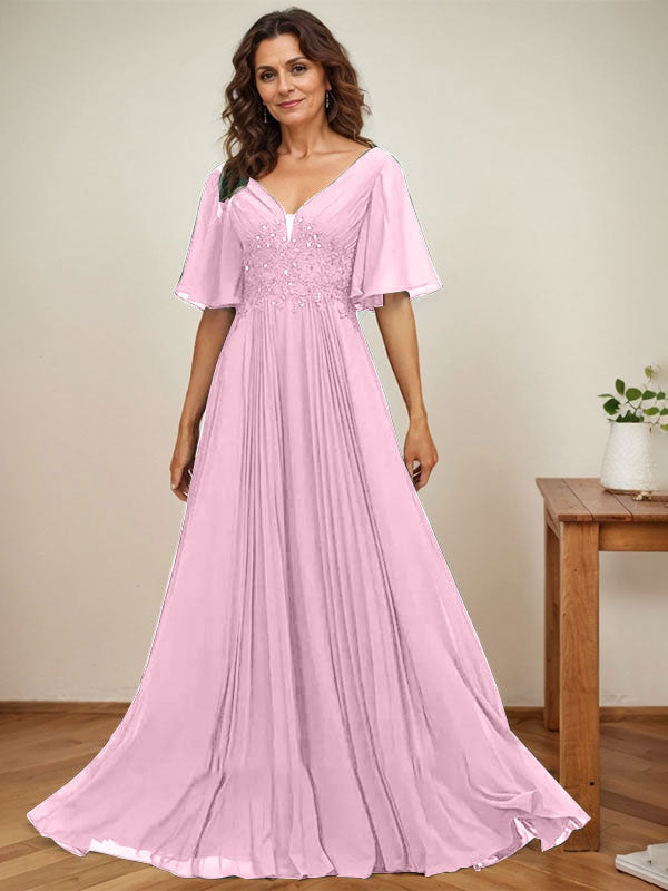 A-Linien V-Ausschnitt bodenlanges Chiffon Mutterkleid der Braut mit Pailletten-Applikationen, Spitze und Falten