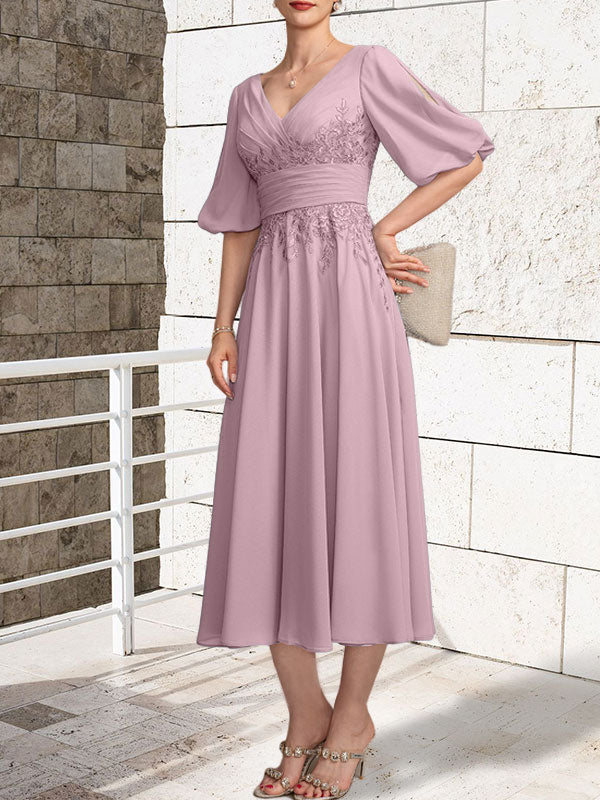 A-Linien Mutterkleid mit V-Ausschnitt, tea-length, Spitze und Chiffon mit Falten