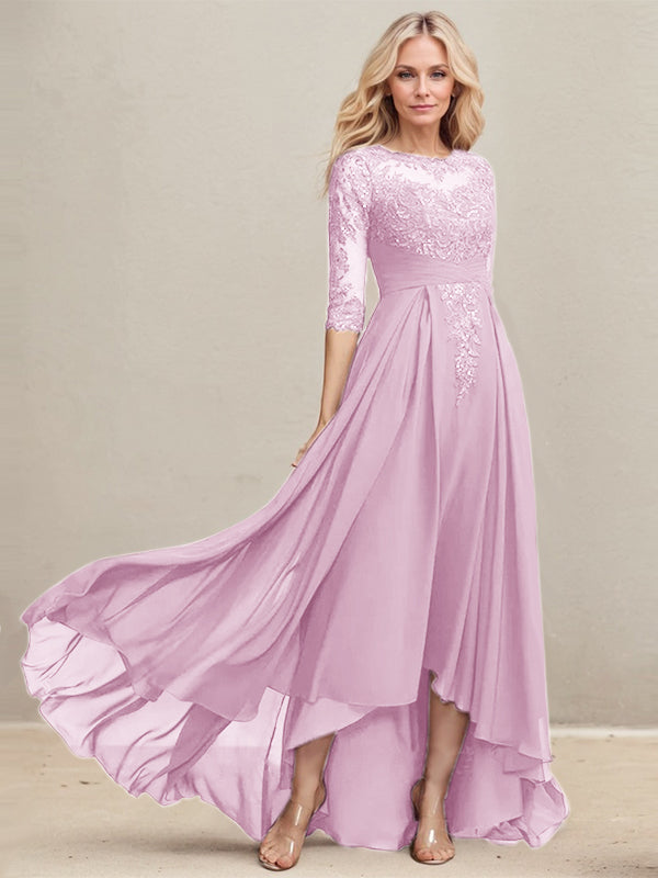 A-Linien Ausschnitt Illusions Asymmetrisches Spitzen-Chiffon Kleid für die Mutter der Braut mit plissierten Pailletten