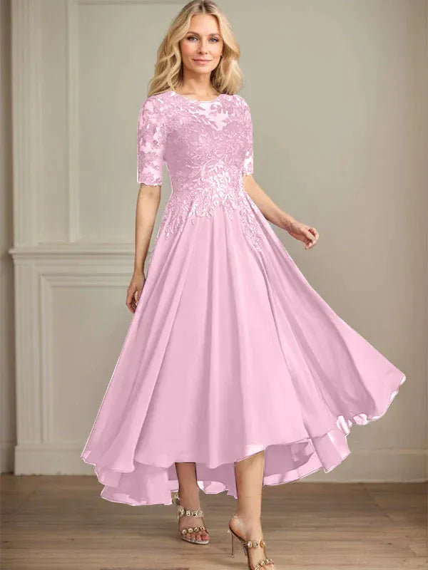 A-Linien Scoop-Ausschnitt Illusion asymmetrisches Chiffon-Spitzen-Mutter-der-Braut-Kleid mit Pailletten