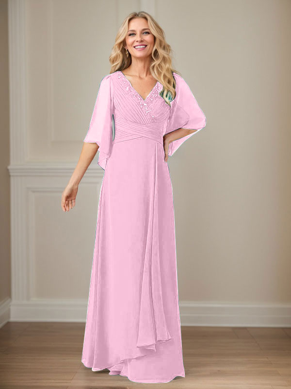 A-Linien V-Ausschnitt langes Pailletten-Chiffon Mutterkleid