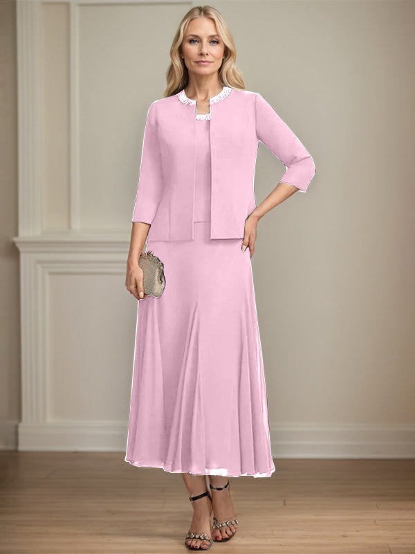 Separates A-Linien Chiffonkleid mit Rundhalsausschnitt, tea-length, Mutter der Braut mit Pailletten und Perlen