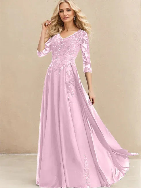 A-Linien V-Ausschnitt Bodenlanges Spitzen-Chiffon Kleid für die Brautmutter mit Pailletten