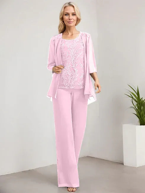 Zweiteiler Jumpsuit/Hosenanzug U-Ausschnitt bodenlanges Spitzen Chiffon Mutter der Braut Kleid mit Pailletten
