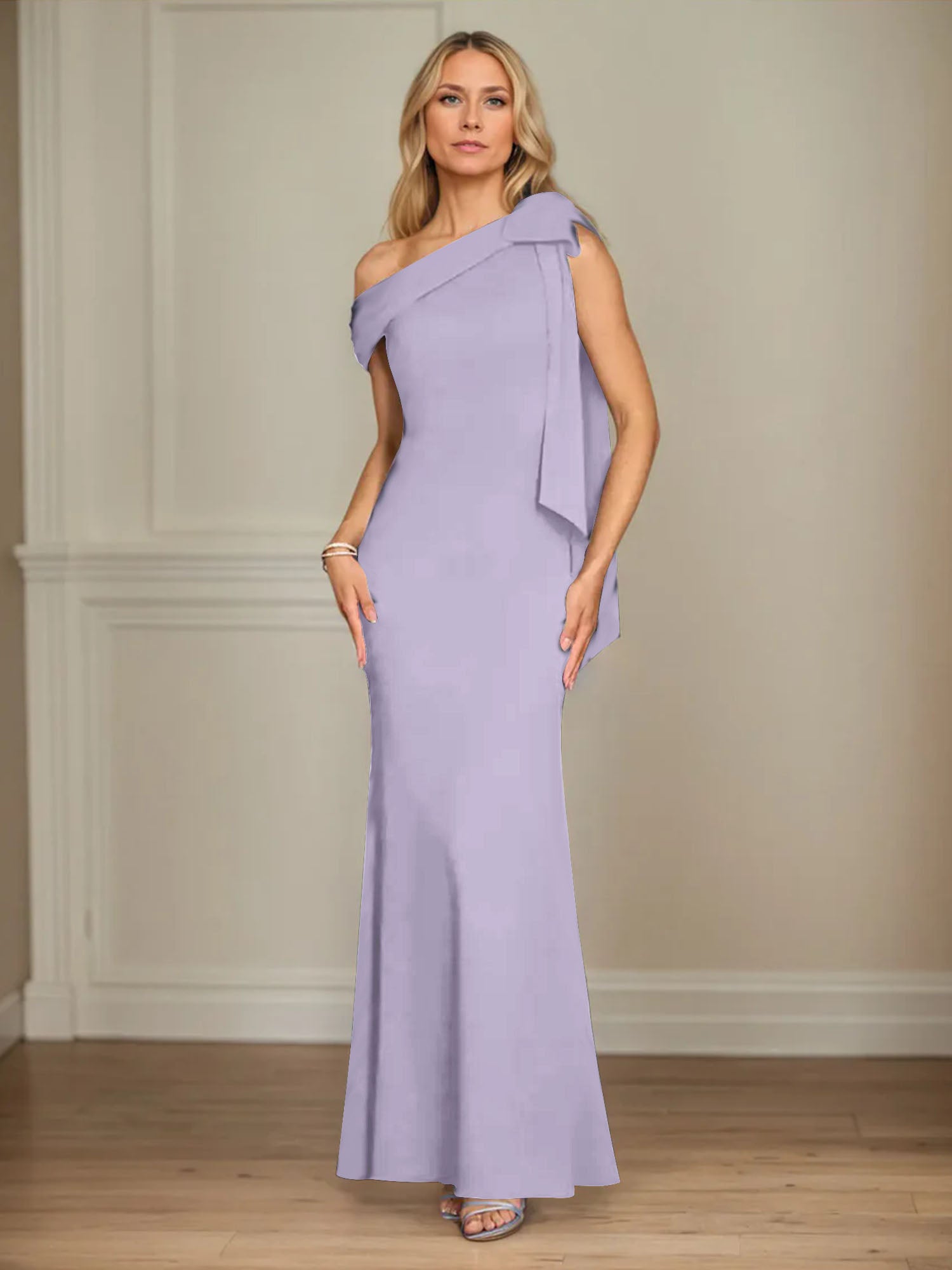 Trumpet/Mermaid Ein-Schulter Ärmelloses Stretch-Crêpe Kleid für die Brautmutter mit Schleife