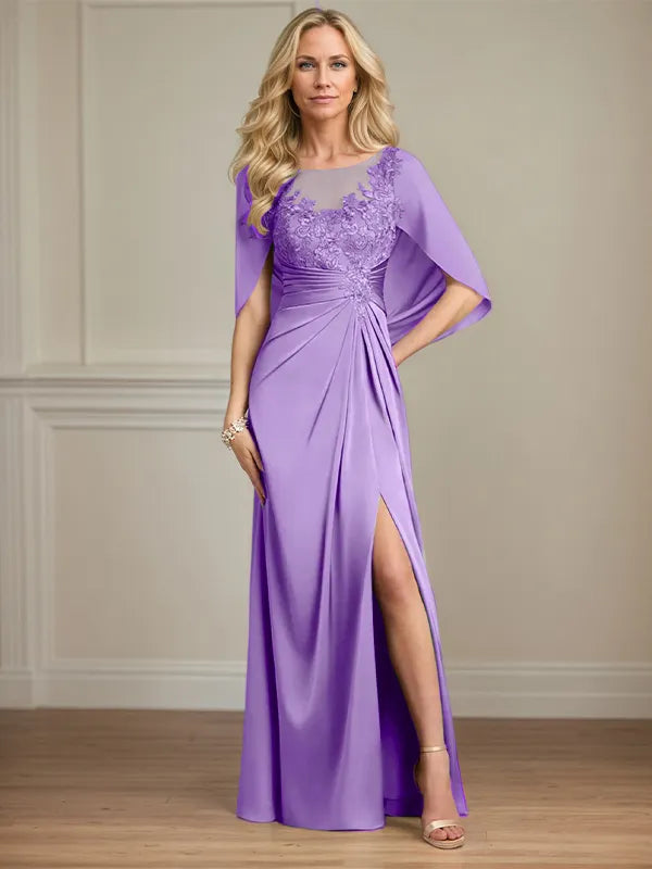 Robe mère de la mariée en satin, coupe fourreau/colonne, encolure dégagée, manches courtes, longueur au sol