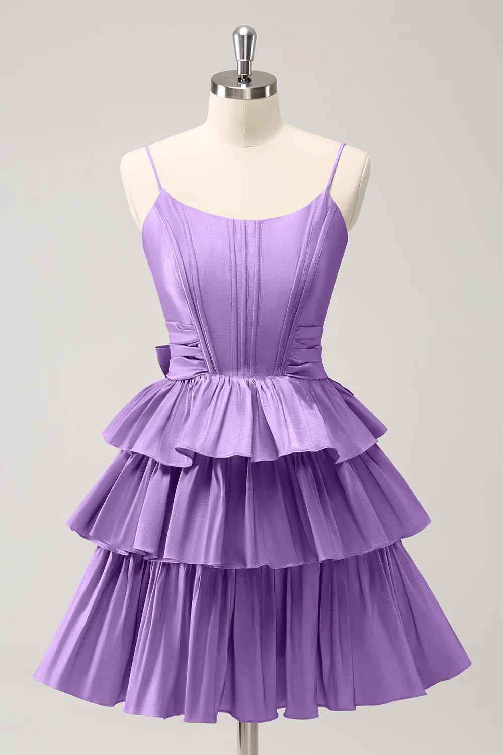 A-Linien Corsagen-Kleid mit Spaghettiträgern, gestuften Rüschen und Schleife für den Abschlussball